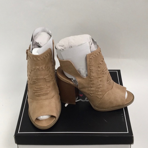 TAN DISTRESS PEEP-TOES BOOTIES - Picture 8 of 8